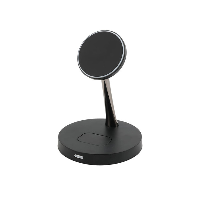A black 2-in-1 wireless charger featuring a circular charging pad mounted on a sleek, curved stand.