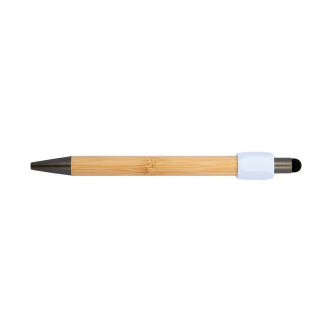 A bamboo pen with a white grip and a black ink tip, featuring a stylus on the end.