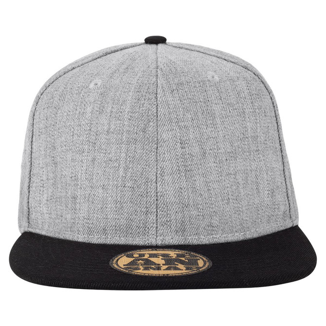 A grey cap with a black brim and a branded logo on the front.