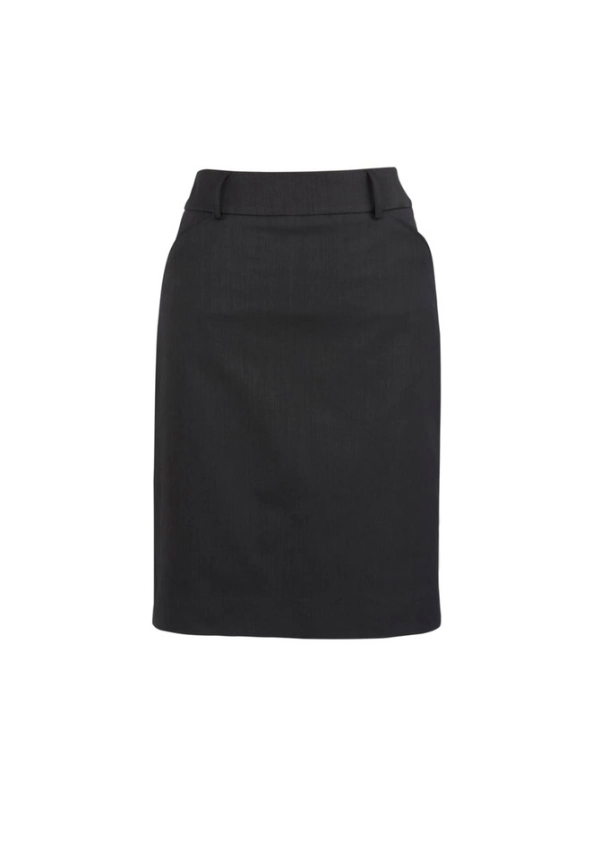 A black multi-pleat skirt with a fitted waistband and a sleek design, featuring a small logo.