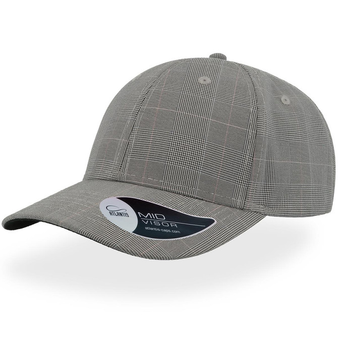 A grey cap featuring a plaid pattern and a mid-visor. Includes a branding logo on the side.