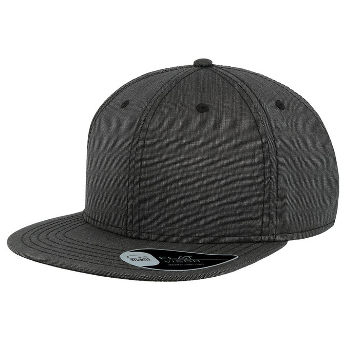 A flat brim cap in dark grey with a textured pattern and a logo on the side.