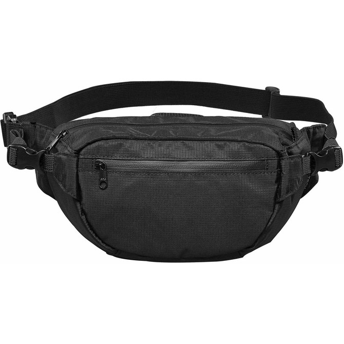 A black bum bag with a zippered compartment and adjustable strap, featuring branding on the exterior.