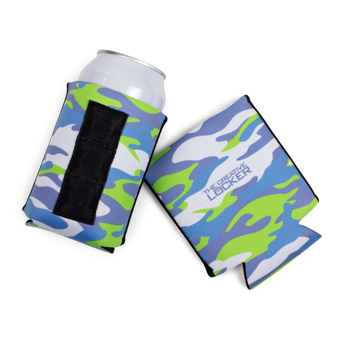 A drink bottle in a blue and green camouflage foldable magnetic can cooler with a black strip. Branding is visible.