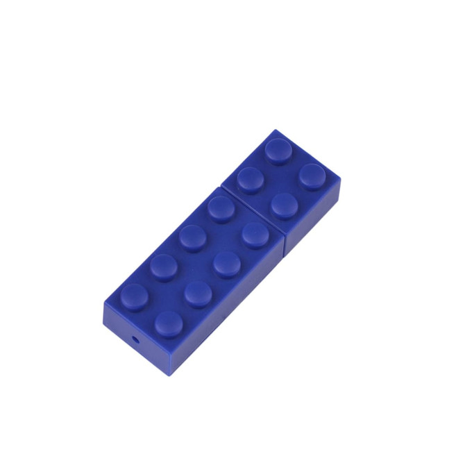 A blue stackable brick flash drive with a textured surface resembling LEGO blocks, featuring a logo.