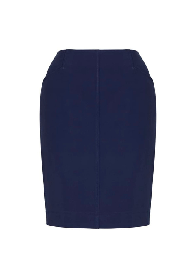 A navy pencil skirt with a fitted design and front pockets, featuring a flat waistband.