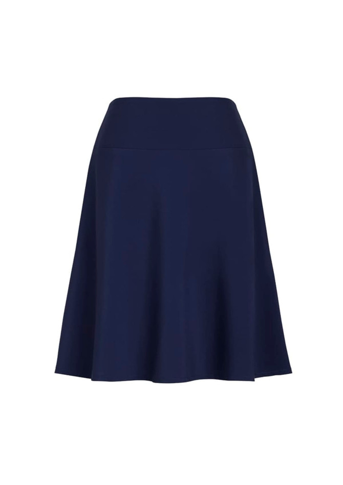 A navy flared skirt with a bandless waist, featuring a smooth design and an A-line silhouette.