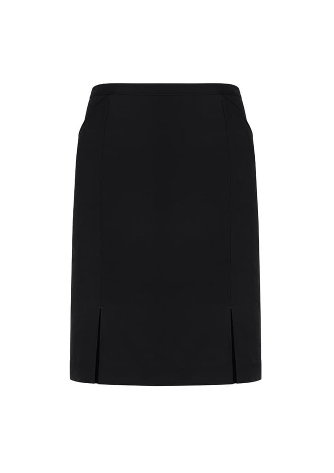 A black straight skirt featuring front pleat details and side slits, with no visible branding.