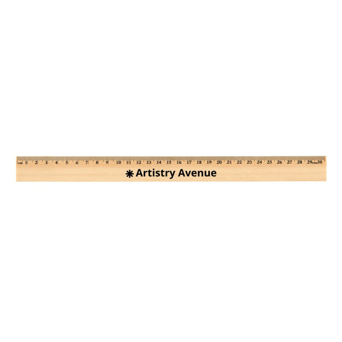 A wooden ruler measuring 30cm, featuring black branding and a light wood finish.