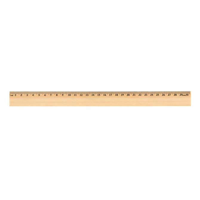 A 30cm wooden ruler with a natural finish and measurement markings along its length, featuring a logo.