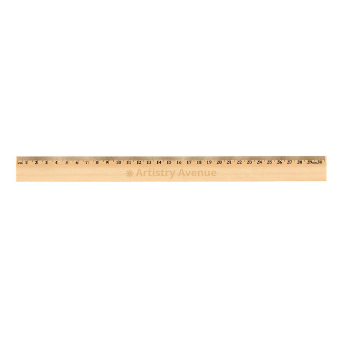A 30cm wooden ruler with a light wood finish, featuring measurement markings and a logo.