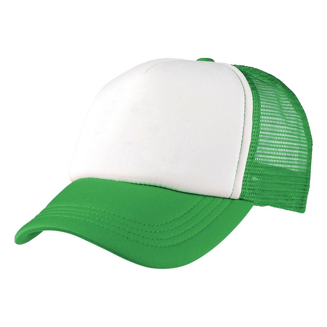 A green and white foam mesh trucker cap with a structured front and mesh sides, featuring a logo.