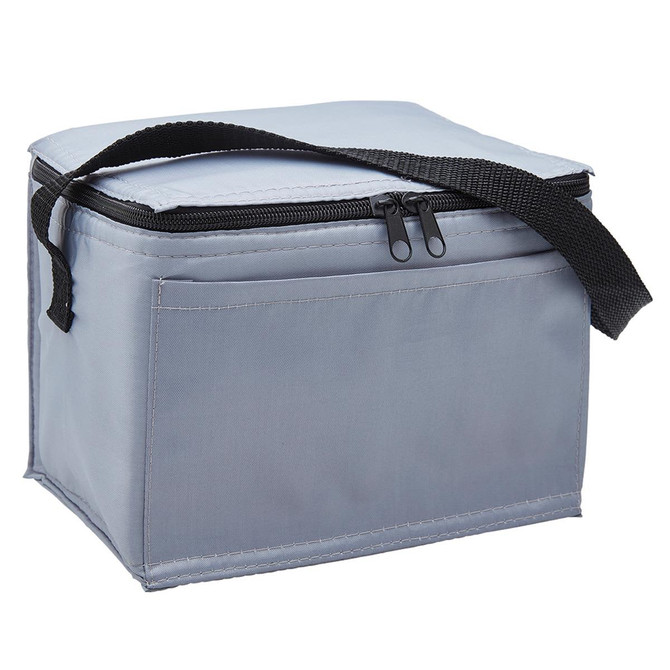 A grey cooler bag with a black strap and zippered closure, featuring one side pocket and a branded logo.
