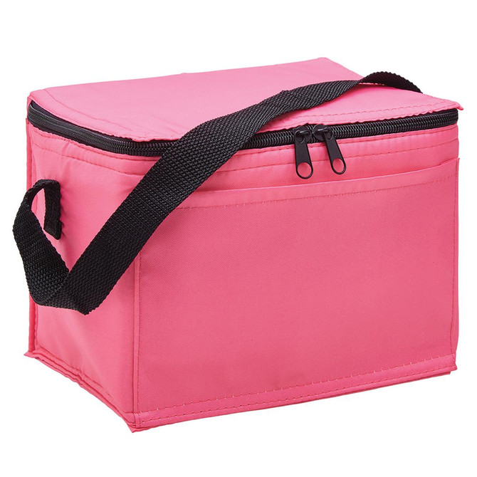 A pink cooler bag with a black strap and zipper, featuring a front pocket and a rectangular shape. It has a logo.