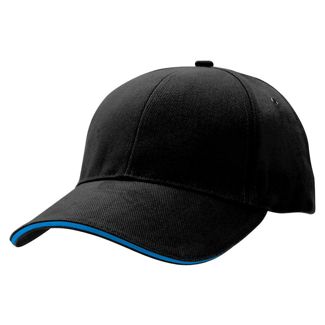 A black cap featuring a blue trim and a logo, designed for promotional use.
