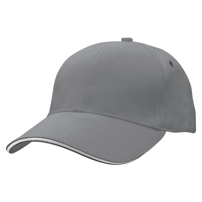 A grey cap featuring a curved brim and contrasting trim, with a logo on the side.