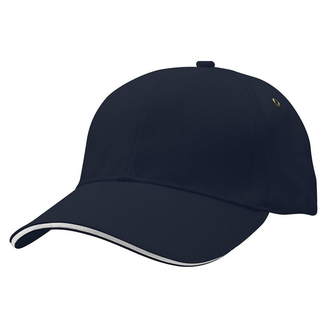 A navy cap with a curved brim and contrasting trim, featuring a small logo on the side.