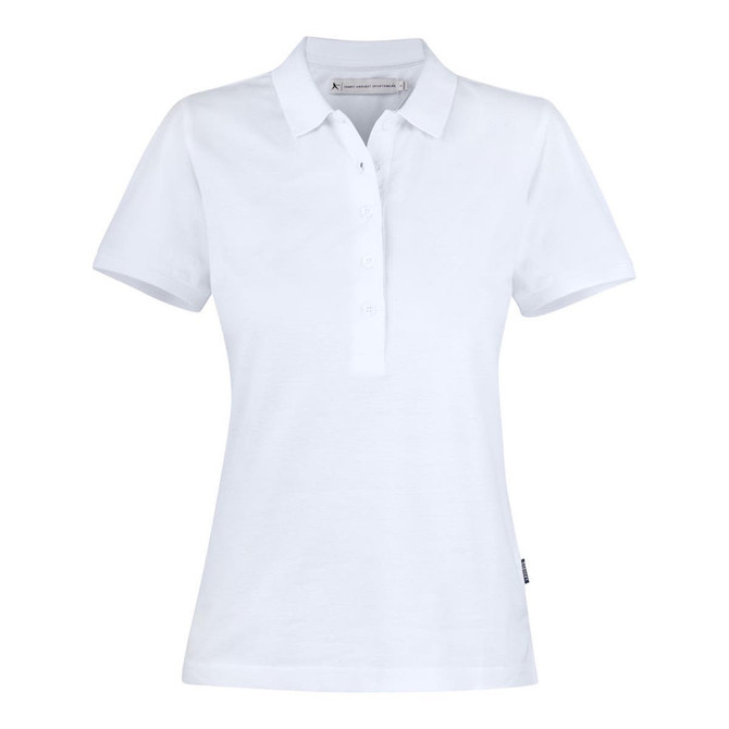 A white women's cotton polo shirt with a collar and buttoned placket, featuring a branded tag at the hem.