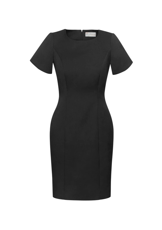 A black short sleeve shift dress with a fitted silhouette and a back zipper, featuring a branding logo.
