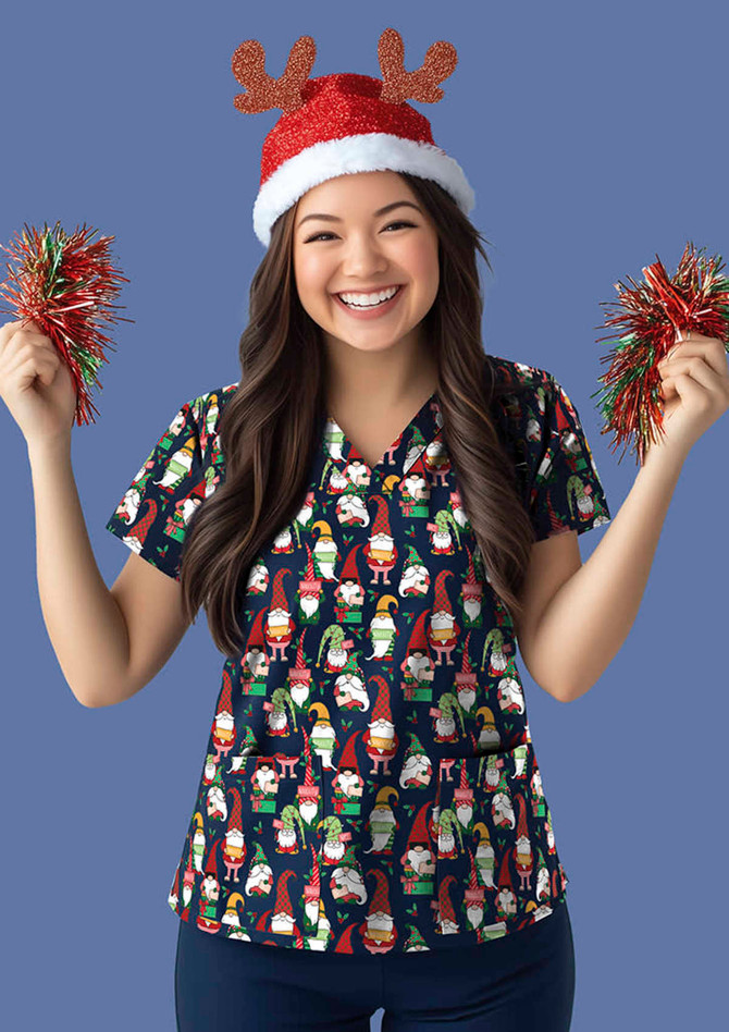 Womens Christmas V-Neck Short Sleeve Scrub Top