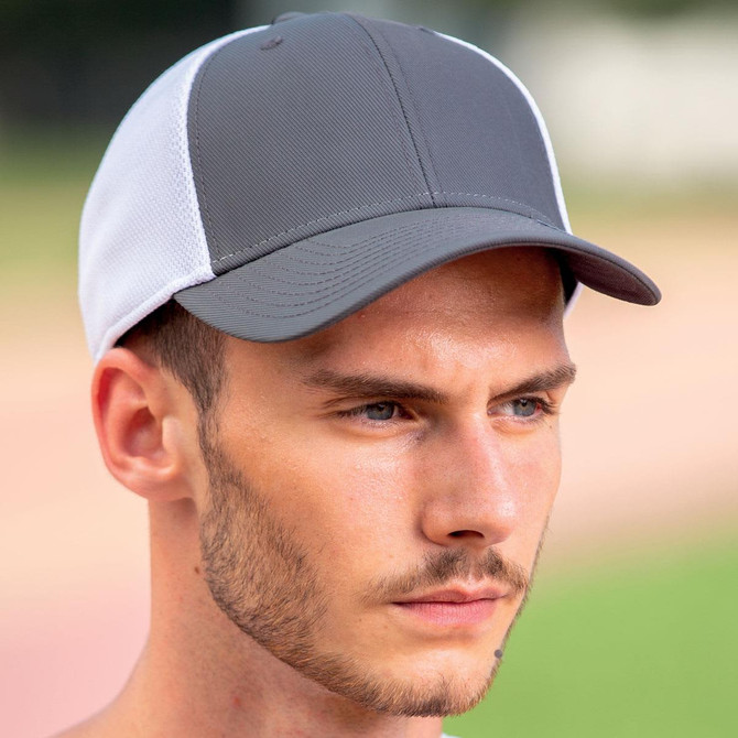 A grey and white cap with a structured design and a curved brim, featuring a logo on the front.