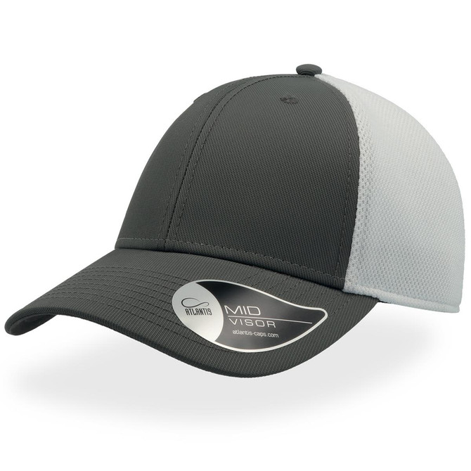 A grey and white cap with a mid visor and a logo on the side. The design includes a mesh back panel.