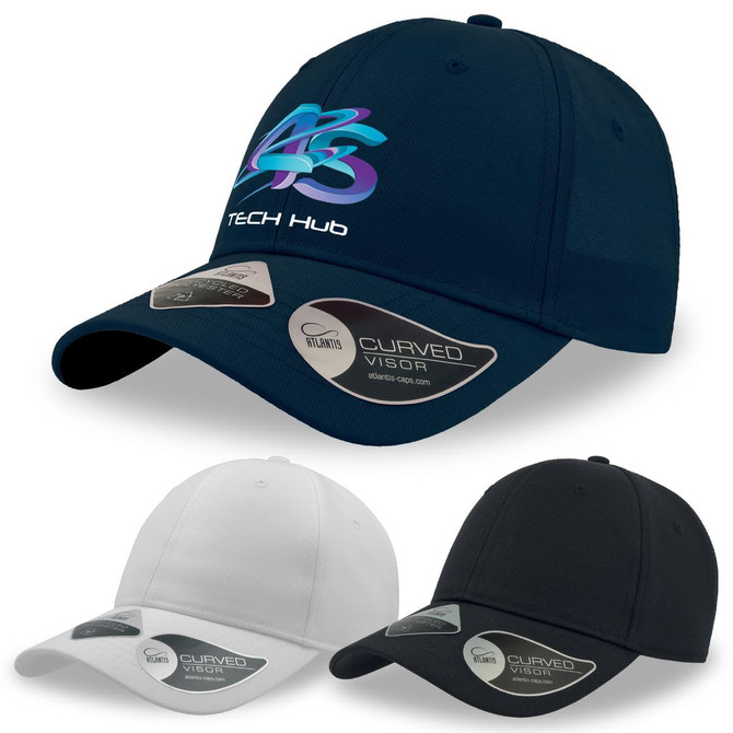 A navy cap with a curved visor, accompanied by white and black versions. The cap features a logo.