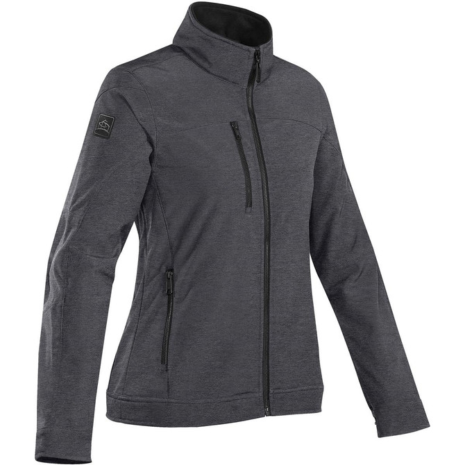A women's soft shell jacket in dark grey with a high collar and multiple zippered pockets. Features a logo on the sleeve.