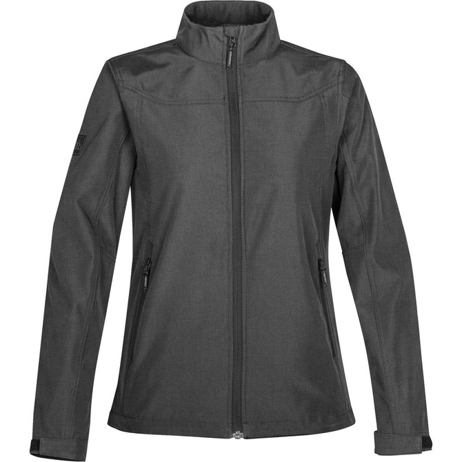 A women's softshell jacket in dark grey with a zip front and two side pockets, featuring a small logo.