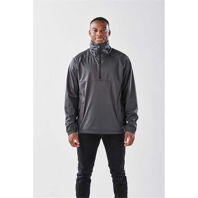 A men's grey Catskill anorak jacket, featuring a quarter-zip design and a logo on the chest.