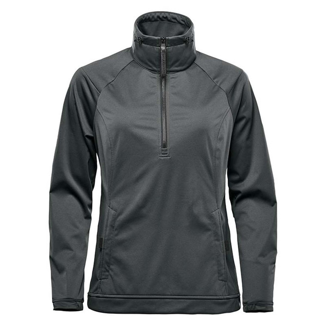 A grey women's anorak jacket with a half-zip and a high neckline, featuring a zippered pocket and a logo.