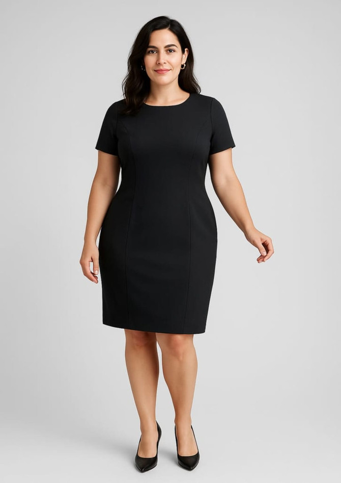 A black short sleeve shift dress with a fitted silhouette, featuring a round neckline and a subtle logo.