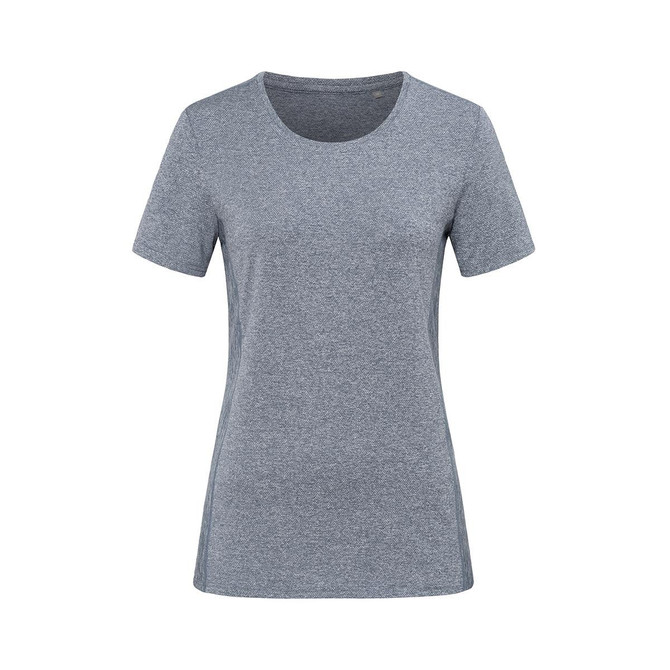 A grey women's T-shirt made from recycled materials with short sleeves and a crew neck, featuring a logo.
