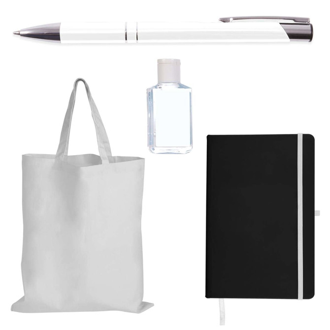 A black notebook, a clear bottle, a white pen, and a white tote bag arranged together. Each item features a logo.