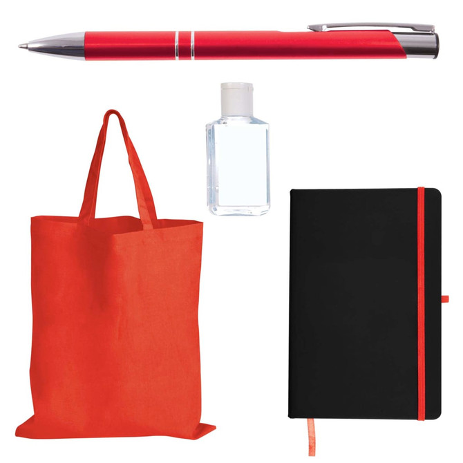 A red pen, a clear hand sanitizer bottle, a red tote bag, and a black notebook with a red elastic band.