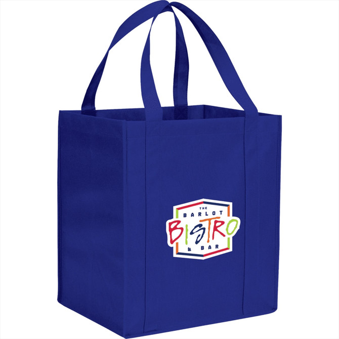 A blue non-woven grocery tote bag with two handles and a logo on the front.