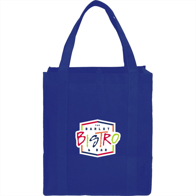A blue non-woven grocery tote with sturdy handles and a logo on the front.