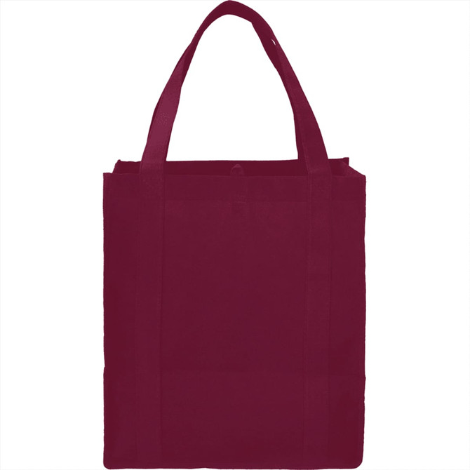A maroon reusable grocery tote bag with two handles and a solid design, featuring a branding logo.