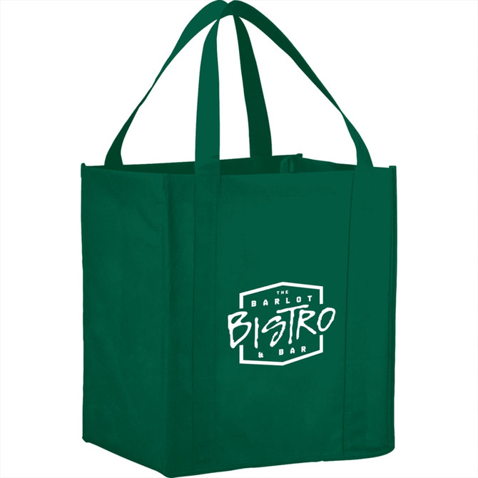 A green reusable grocery tote with sturdy handles and a logo on one side. Suitable for shopping purposes.