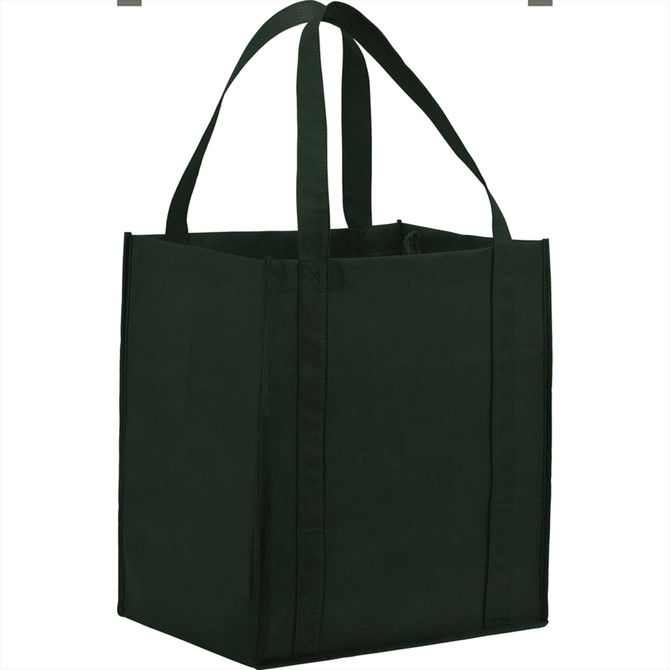 A dark green non-woven grocery tote bag with two carry handles, featuring a square shape and no visible text or logos.