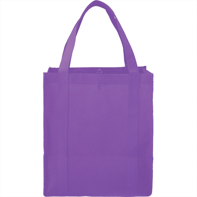 A purple reusable grocery tote bag with two sturdy handles and a logo on one side.