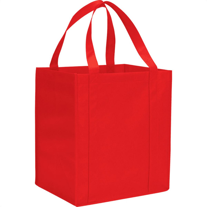 A red non-woven grocery tote with two handles and a square shape, featuring a logo on the side.