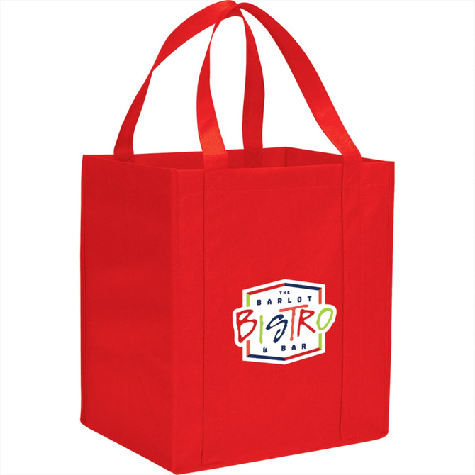 A red non-woven grocery tote with two handles and a logo on one side.