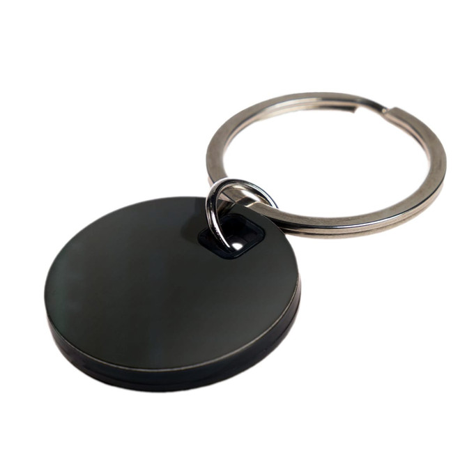 A Circle Stainless Steel Keytag with a smooth, round design and a sturdy metal key ring attachment.