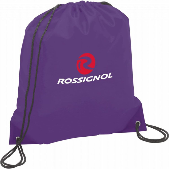 A purple drawstring sportspack with black cords and a logo on the front.
