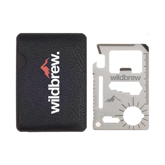 A Bionic Multi Tool with a stainless steel finish placed next to a black pouch, featuring a logo.