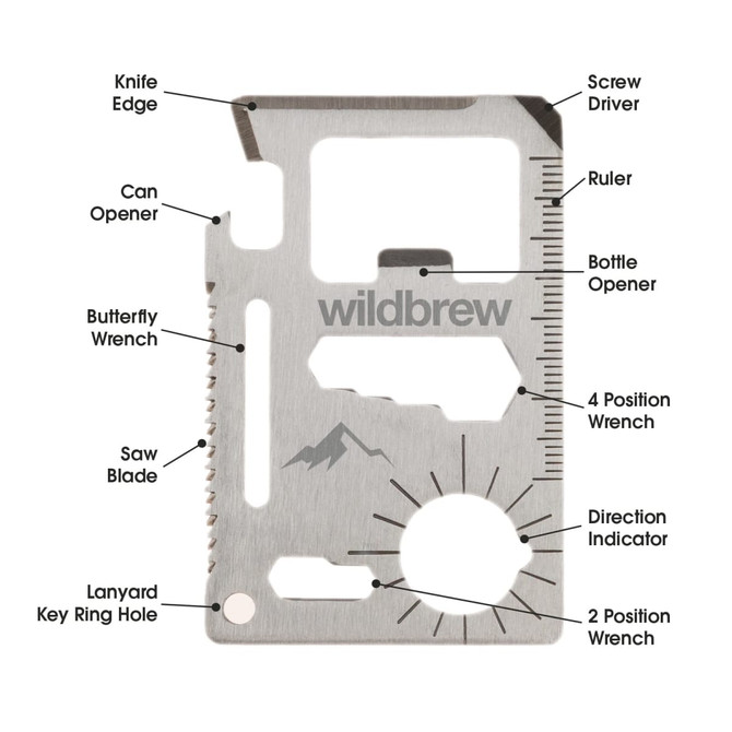 A metallic multi-tool featuring a knife edge, screwdriver, ruler, can opener, and bottle opener. It includes a lanyard hole and branding.