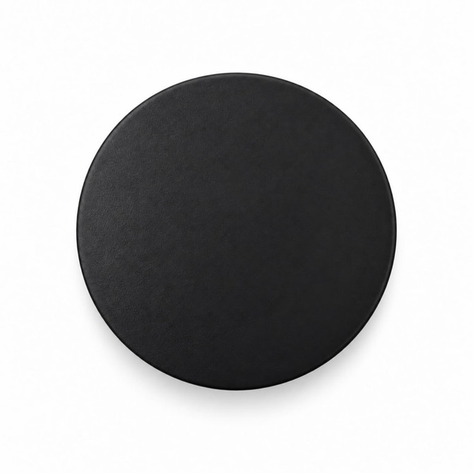 A black round food container with a smooth surface and a subtle branding element.