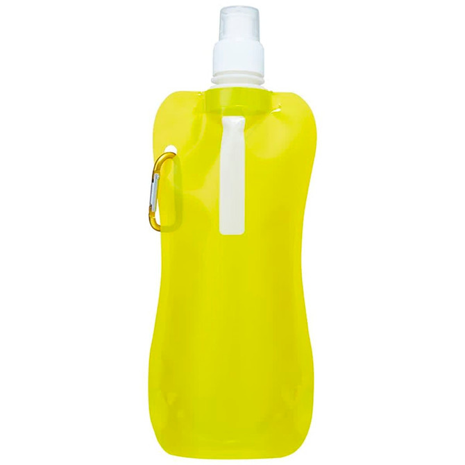 A drink bottle in bright yellow with a spout and a carabiner for attachment. It features a logo.