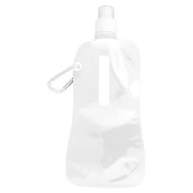 A drink bottle in translucent white with a spray nozzle and a carabiner for attachment. Features a logo.
